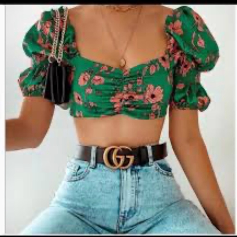 Zara Floral Puff Sleeve Crop Top - Green and Pink